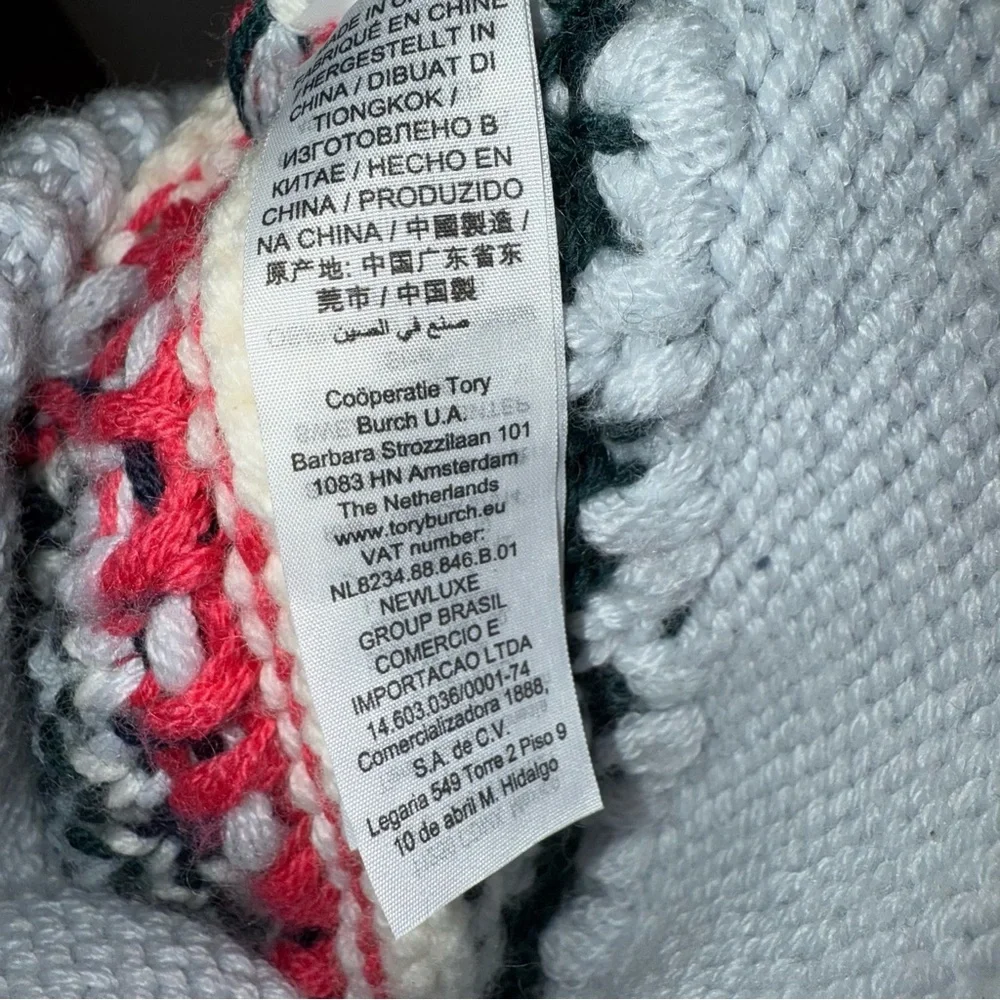 TORY BURCH Wintery Fair Isle Hat‎ Merino Wool Pom Pom Beanie Blue Green Pink OS